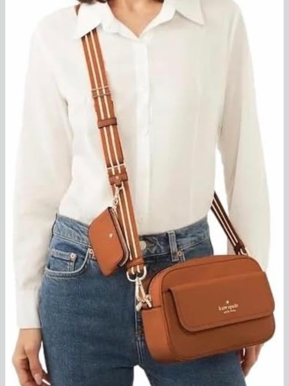 kate spade Brown Leather Crossbody with Striped Adjustable Strap